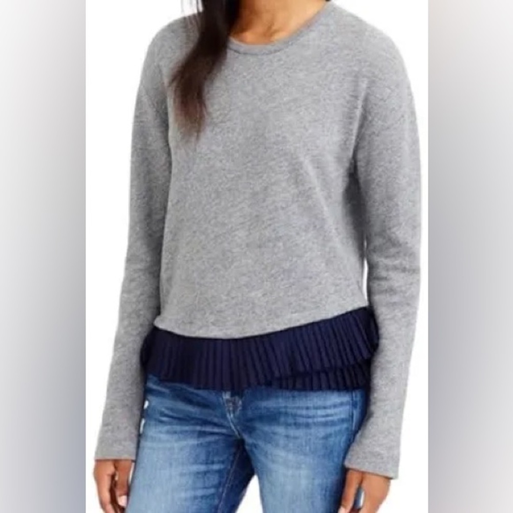 J Crew Gray Sweatshirt with Navy Ruffle Hem size Medium